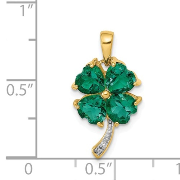 14k Yellow Gold Created Green Emerald & Diamond 4-leaf clover Pendant w Chain - Picture 5 of 7